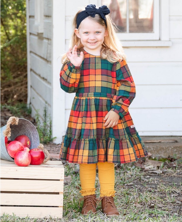 RuffleButts Autumn Plaid Scoop Back Dress